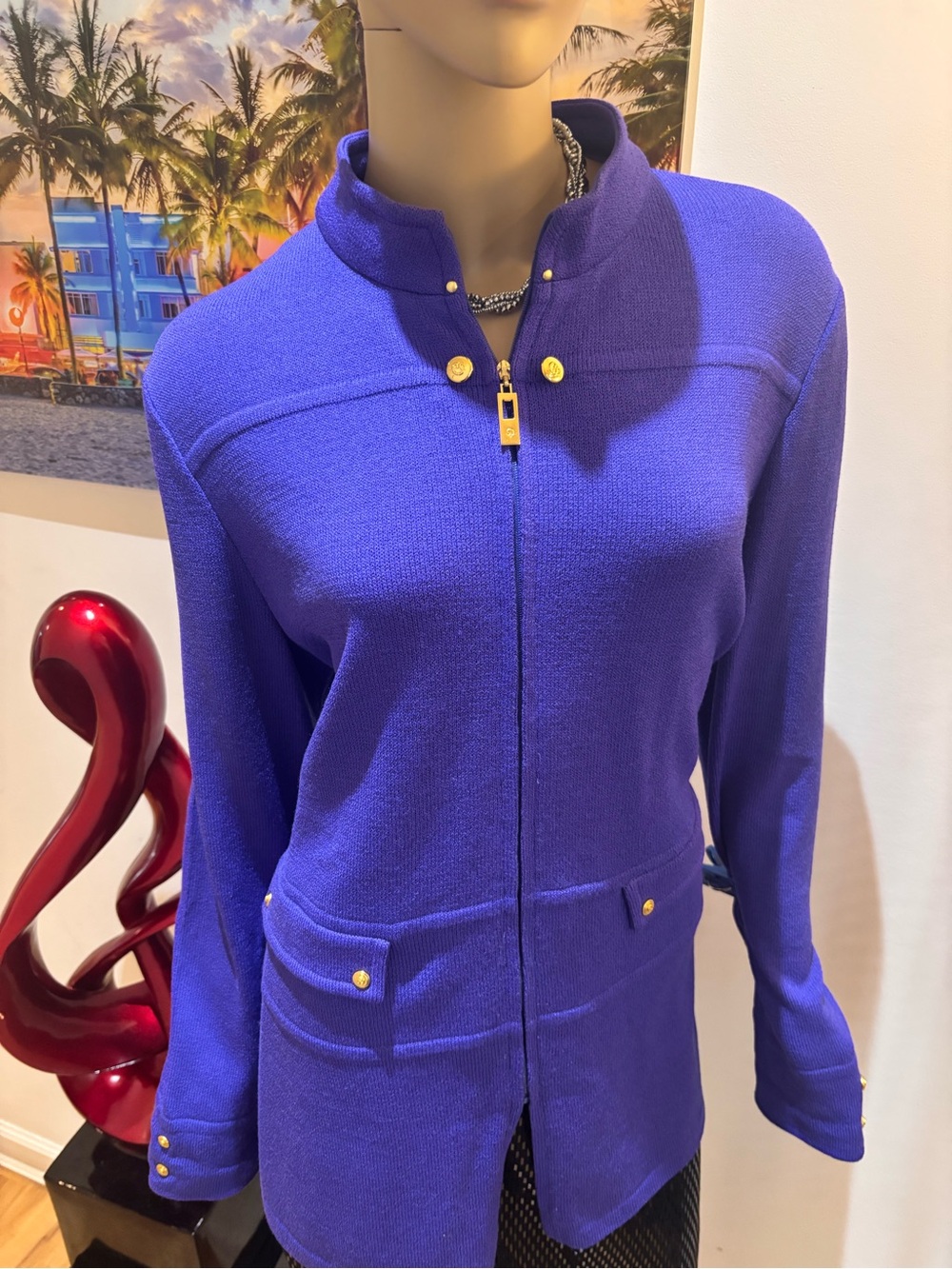 St. John Royal purple Zip-Front Knit Blazer Gold Hardware buttons 12 L